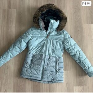 Roxy Sky Blue Puffer Jacket with Faux Fur Hood